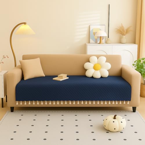Image of Roseate Quilted Velvet Sofa Cover (3 Seater / 70 inchx27 inch) Sofa Protector for Living Room /Bedroom interiors (Blue) with Tassels
