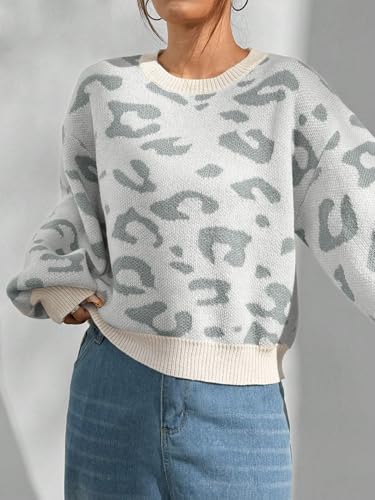Image of SHENHE Women's Vintage Leopard Print Crew Neck Drop Shoulder Loose Knit Pullover Sweater
