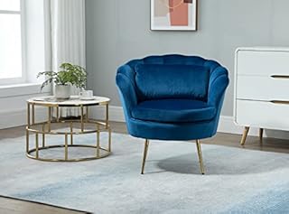 Hallowood Furniture Blue Curved Back Velvet Arm Chair - Modern Fabric Tub Chair with Padded Backrest, Seat, Cushion & Sturdy Metal Legs - Accent Chairs for Living Room, Office, Lounge