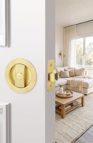goldenwarm Brushed Nickel Round Pocket Door Lock, Pocket Door Hardware for 2-1/8'' Round Bore Hole, Pocket Door Handles Fit 1-1/4'' to 2'' Thickness Sliding Door 2-3/8'' Latch 1 Pack