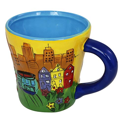 San Francisco Coffee Mug Hand Painted Yellow Trumpet Shaped 11 Ounces