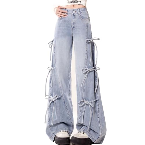 Fashion Casual Straight High Waisted Baggy Jeans Y2K Gradual Patchwork Multiple Drawstring Wide Denim Pants