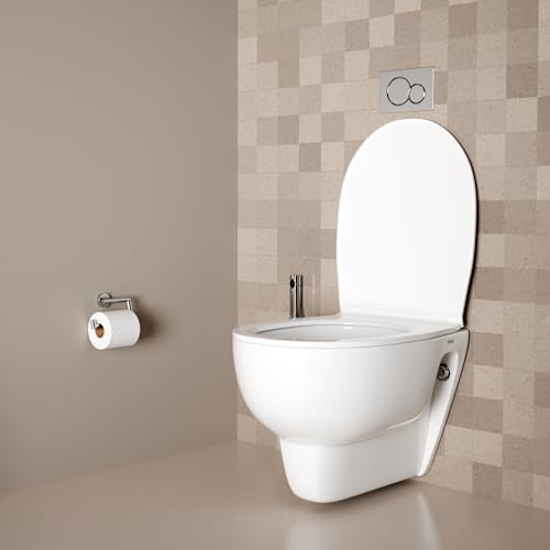 Image of Ruhe Aura Wall-Hung Rimless Western Commode with Washdown Flushing System | P-Trap | 19.6 x 13.5 x 14.5 inches | Ceramic White Glossy Finish, Space-Saving Design | Includes Soft-Close Seat Cover