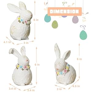 Lulu Home 3 Packs Easter Tabletop Ornaments Resin White Bunnies Figurines with Floral Wreaths Around Necks Standing Rabbit Statues for Spring Garden Home Mantel Indoor Outdoor Decorations