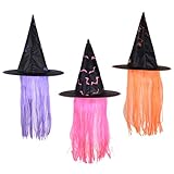 TOYANDONA 3 Pieces Halloween Witch Hats with Colorful Wig Novelty Halloween Costume Photo Props for Girls Women (Pink, Orange and Purple)