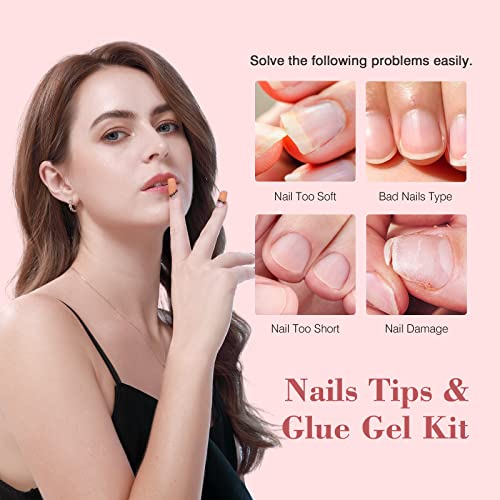 SAVILAND Gel Nail Kit - Nail Glue Gels With 36W Curing Lamp, 4-in-1 Glue Gel 15ml, 500PCS Soft Full Cover Medium Coffin Tips, LED Light Design Kit for Extension