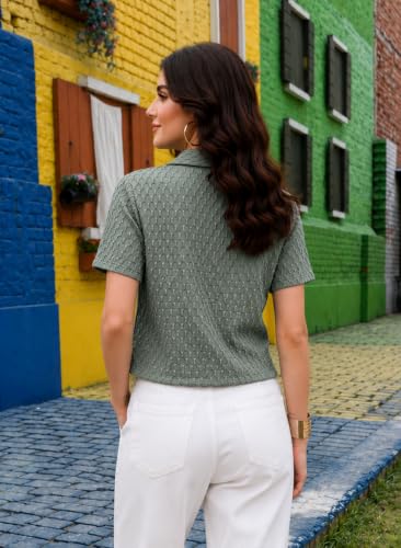Image of Zilcon Women's Textured Polo Collar Shirt | Short Sleeve Button-Down Casual Crop Top | Soft Stretch Everyday Fashion Shirt