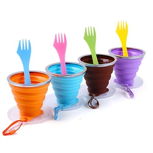 GDLF Collapsible Cup Set with 4 Reusable Sporks, Folding Cup for Coffee Water Drinking, Portable Foldable Cup with Lid for Camping Hiking Backpacking Travel, Silicone BPA Free 9.22oz
