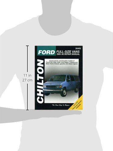 Chilton Ford Full-Size Vans 1989-96 Repair Manual held by a hand, showing its dimensions.