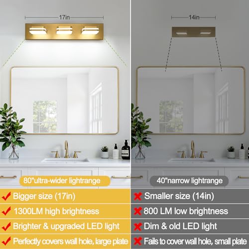 Image of Torondo 360 Rotate LED Bathroom Vanity Light Fixtures, Acrylic Vanity Lights for Bathroom, Modern Wall Lighting Fixtures Over Mirror Living, Gold, Natural White, 3-Light, 17-Inch