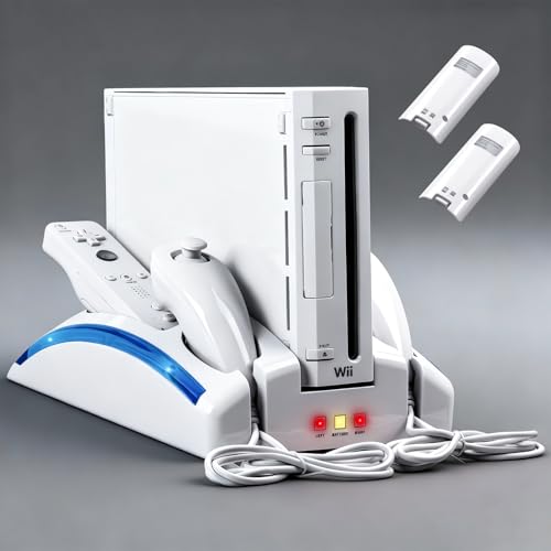 ohhnac Wii Console Game Organizer Station,Wii Remote Charger Stand Base, 2 Pcs Rechargeable Battery Compatible with Nintendo Console Nunchuk Kit (White)