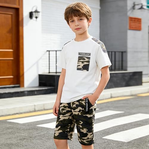 Image of LOLANTA Boy Summer Outfit Casual Clothes 2Pcs Cotton T-shirt Shorts Set | Kids Short Sleeve T-Shirt, Boy Camouflage Knee-length Shorts, Breathable Fashion Outfits, School Daily Matching Clothing Sets