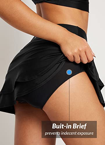 baleaf Women's High Waisted Adjustable Drawstring Ruffle Swim Skirt Bottoms Modest Tummy Control Swim Skort with Pocket Liner3