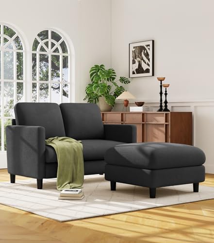 Image of Welzona Loveseat Sofa with Ottoman, 51 inch Small L Shaped Teddy Couch Sofa | Comfy Teddy Fabric, Tool-free Setup, Washable Covers, All-wood Couch Sets for Living Room, Bedroom, Small Spaces, Grey