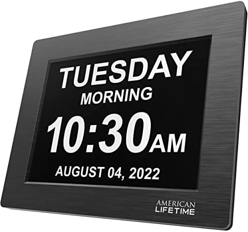 American Lifetime, Premium Version, Day Clock Extra Large Impaired Vision Digital Clock with Battery Backup and 5 Alarm Options, Limited Edition Black Polished Frame Design