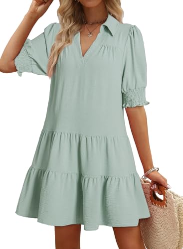 Image of Dokotoo Casual Dresses for Women Lapel Collared V Neck Mid Sleeved Pleated Summer Dresses for Women 2026 Midi Dresses