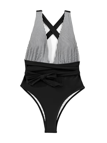 Image of Lilosy Sexy Tie Criss Cross Plunge One Piece Thong Swimsuit High Cut Brazilian Bathing Suit