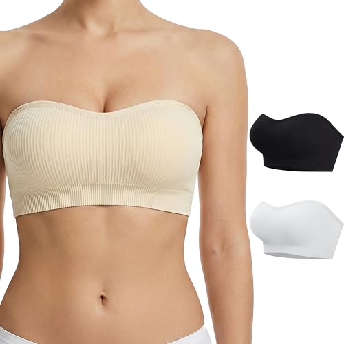 Image of Zimcti Strapless Bras for Women-Non Slip Silicone Grip Bandeau, Wirefree Seamless Tube Top, Removable Pads, Clear Strap