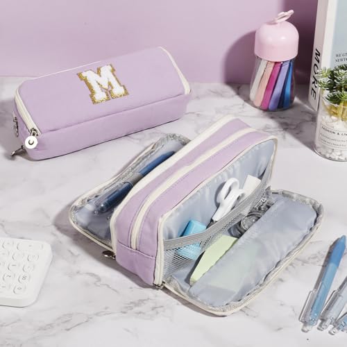 Image of Pencil Case for Girls Women, Initial Pencil Pouch with Zipper, Cute Pencil Bag for School Supplies, Aesthetic Pen Case Box for Kids Teen Girls - S(Purple)