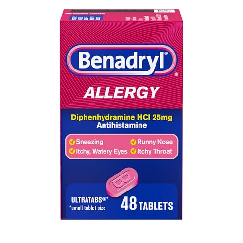 Benadryl Ultratabs Allergy Relief Medicine, 25 mg Diphenhydramine HCl Antihistamine Tablets for Relief of Cold & Allergy Symptoms Like Sneezing, Runny Nose, & Itchy Eyes & Throat, 48 ct
