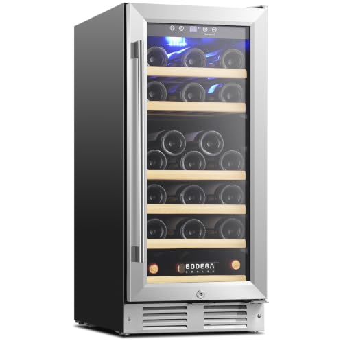 Image of BODEGACOOLER 15 Inch Single Zone Wine Fridge, 41℉ to 72℉, Holds 32 Bottles | Noise Level Below 42 dB, 6-Tier Beech Wood Shelves, Built-in or Freestanding Installation, For Home Kitchen Office