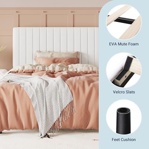 Image of Allewie Twin Bed Frame, Velvet Upholstered Platform Bed with Adjustable Vertical Channel Tufted Headboard, Mattress Foundation with Strong Wooden Slats, Box Spring Optional, Easy Assembly, Off-White