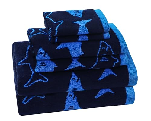 Image of ORIGINAL KIDS 6 Piece Towel Set - Bath Time Shark Attack- 2 Bath Towels, 2 Hand Towels, 2 Washcloths - 100% Cotton Jacquard Soft Absorbent Quick Dry Pool Beach Towel Gift - Navy Blue