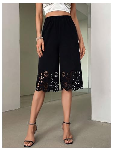 WDIRARA Women's Elastic Waist Wide Leg Capri Pants Hollow Out Scallop Loose Pants4