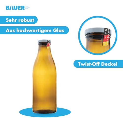 Foto von FLASCHENBAUER – Milchflaschen 1 Liter – 8x Glasflaschen 1 Liter – Twist-Off-Deckeln + Ersatz TO48 – Saftflasche, Smoothie Flasche & Weithalsflasche – Robust, temperaturbeständig [Braune-Flasche]