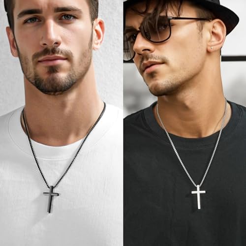 2 PCS Cross Necklace for Men,Silver Black Cross Chain Stainless Steel Pendant Jewelry Gifts Box Crucifix Necklace 16-30 inches2