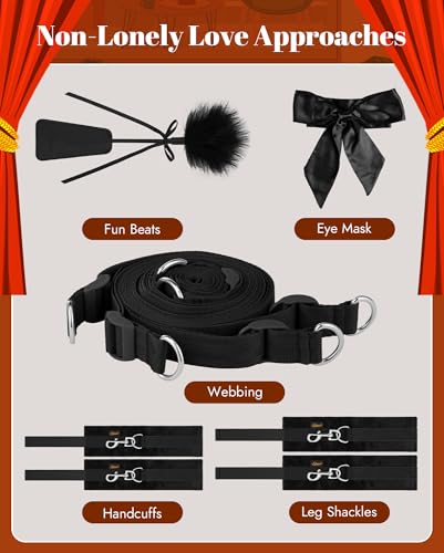 Image of BDSM Bondage Restraint Sex Toys - UTIMI Bed Sex Straps Set with Handcuffs Ankle Cuffs Blindfold Feather Tickler & 4 Separate Straps Adult Kinky Bondage Rope Toy for Men Women and Couples | Queen Size