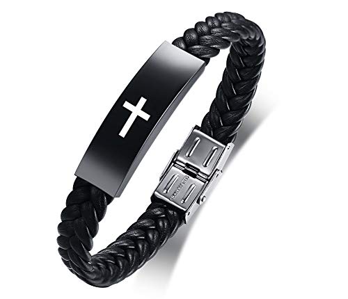 Xuanpai Men's Stainless Steel Braided Leather Wristband Id Cross Bracelet For Men Boys #TOP25