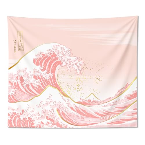 Ovenbird Wave Tapestry Pastel Pink and Gold, Japanese Tapestry for Bedroom Aesthetic, Pink Wall Hanging, 59' X 51'