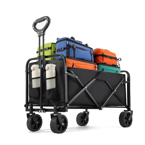 Bellivor Collapsible Folding Wagon Cart with Wheels 75kg Heavy Duty Portable Utility Cart with Flexible Handle Lightweight Foldable Wagon for Grocery Garden Sports & Camping Black