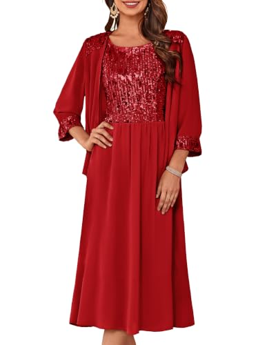 Image of GRACE KARIN Formal Wedding Guest Dress Sequin Mother of The Bride Dresses | Two Piece,3 /4 Sleeve,Tea Length,Crew Neck,Fit and Flare,Chiffon,Suitable for Spring /Summer /Fall /Winter /Cocktail /Party /Prom