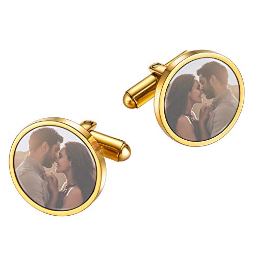 U7 Men Cufflinks for Wedding Christmas Business Platinum or 18K Gold Plated Crystal Fancy Stone Cuff Links, Custom Photo Cufflinks,Gift Packed Gold -C