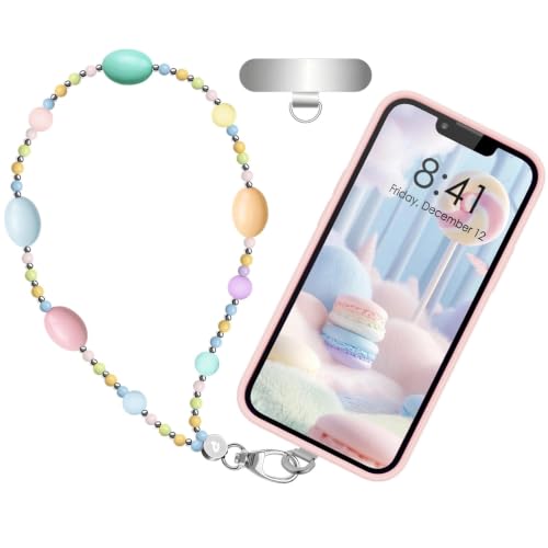 Breloque de téléphone avec clip en métal et cordon perlé macaron pour sac