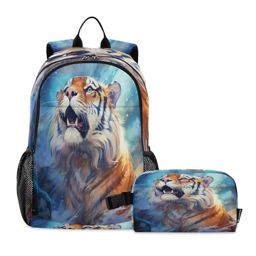 Sac à dos pour étudiants tigre aquarelle avec sac à déjeuner durable et léger