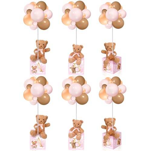 Image of Lenwen 6 Sets Baby Letter Boxes Decorations Table Centerpieces for Baby Shower Gender Reveal,Bear Stuffed Animals Balloon with Stand Plush Toy Boxes for Birthday Party Wedding(Bear,Pink)