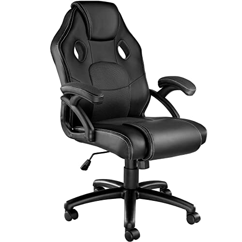 tectake® Sedia da Ufficio Ergonomica, Sedia Scrivania con Rotazione 360°, Imbottitura Confortevole, Rivestimento Similpelle, Poltrona Gaming con Altezza Regolabile, 5 Rotelle Doppie - Nero