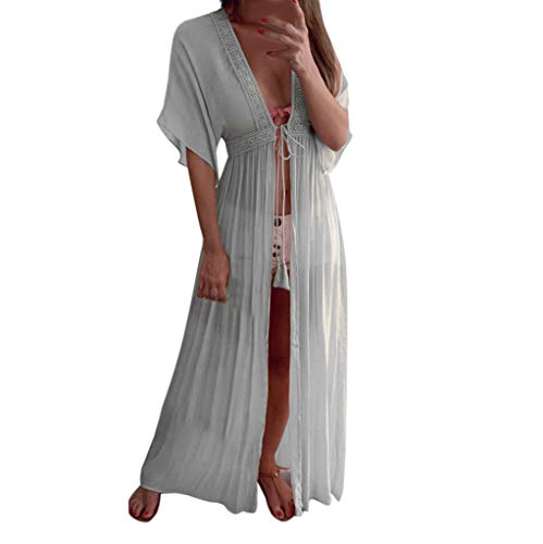 Alangbudu Women's Sexy See Through Crochet Thin Mesh Long Sleeve Tie Front Swimsuit Swim Beach Maxi Cover Up Dress Gray