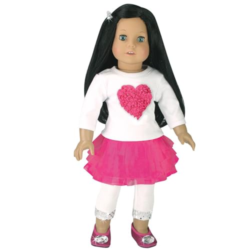 Sophia's Long-Sleeved Heart Tee, Tutu Tulle Skirt, & Sequin-Trimmed Leggings Complete Outfit Set for 18” Dolls, Hot Pink/White