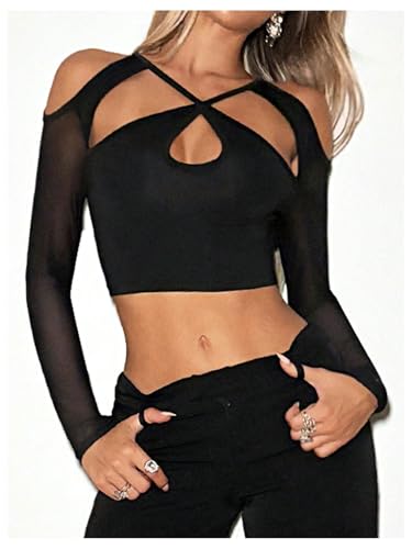 Milumia Women's Cut Out Cold Shoulder Long Sleeve Mesh Crop Top Y2k Party Rave Tee Shirts3