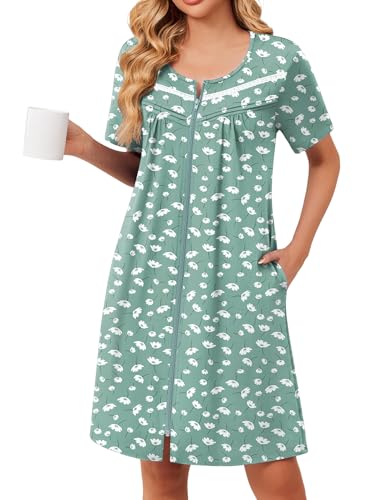 Ekouaer Zipper Robes for Women Short Sleeve Bathrobes Lace Lightweight House Coat Soft Zip Up Nightgowns with Pockets Light Green Floral XL