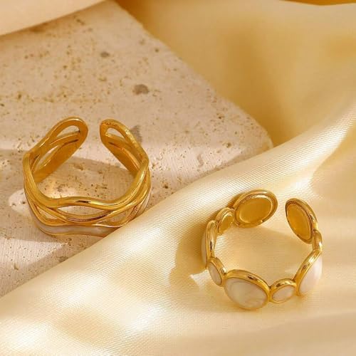 Chunky Gold Rings For Women, Stainless Steel White Two Tone Ring Trendy Stackable Fake Engagement Promise Statement Jewelry Gift4