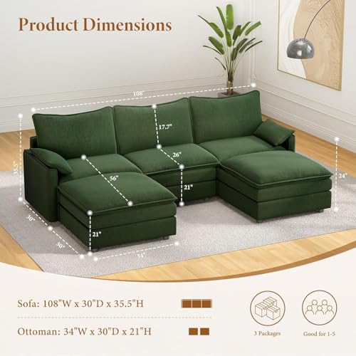 Image of Vesgantti 108 inch U Shaped Sectional Couch, Comfy Cloud Modular Sectional Sofa with 2 Ottoman Deep Seat Chenille Modern Cloud Sofa, Modular Sofas for Living Room, Bedroom and Apartment, Green