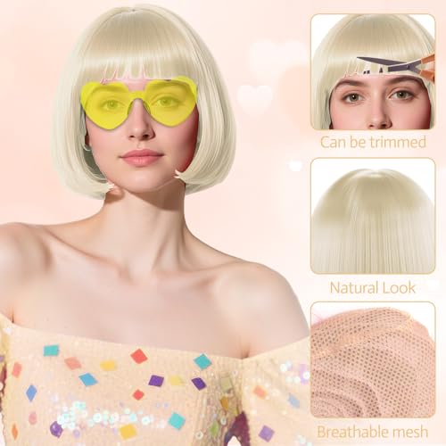 Image of PLULON Blonde Bob Wig and Sunglass Set, Neon Short Bob Wig Sunglass Pack Costume Colorful Cosplay Wig Hairpieces for Bachelorette Neon Party Favors, Halloween Decorations