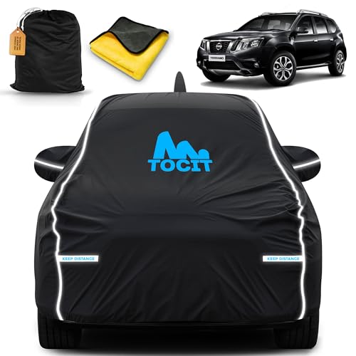Image of Terrano 5 Seater Waterproof Long Life Car Cover with Safety Glow Reflective Strap, Premium Stretchable Velvet Velour Fabric, Machine Washable, Tri-Stitch Custom Fit with Mirror & Antenna Pocket