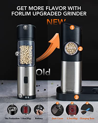 FORLIM Set macina sale e pepe elettrico, macina pepe con base ricaricabile, macina sale automatico, con granulometria regolabile, acciaio inox, per cucina e barbecue, confezione da 2, nero - immagine 6