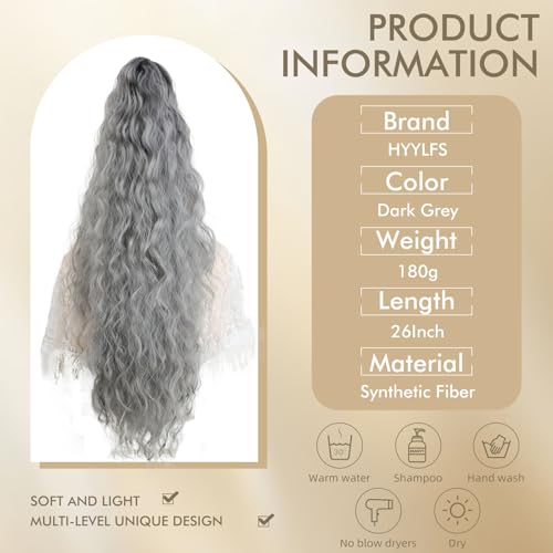 Image of Claw Clip Ponytail Extension 26In Wavy Curly Hair,Dark Grey